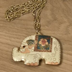 Artistic Elephant Cloisonne Pendant Necklace with Gold-Toned Heavy-duty Chain